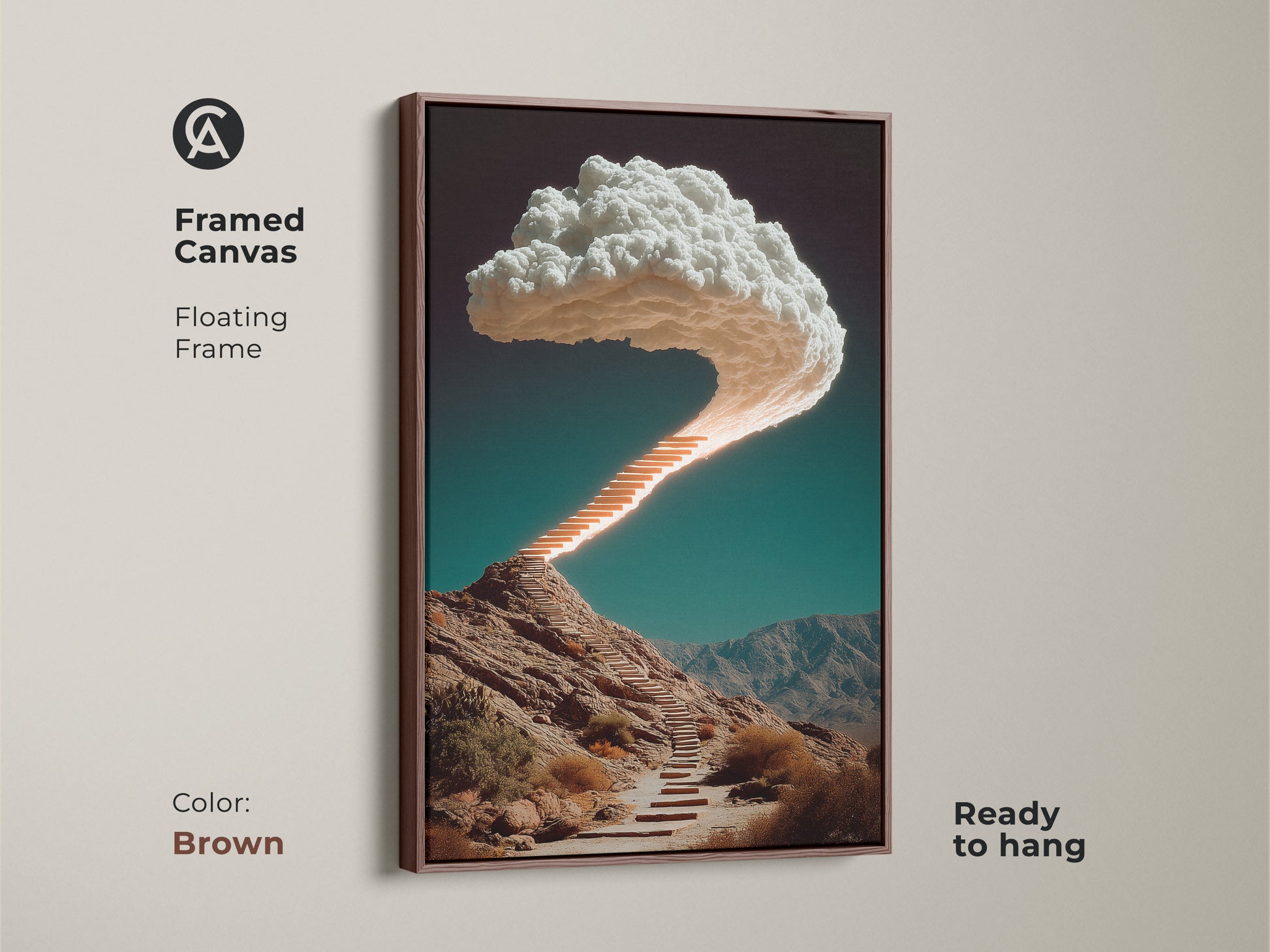 Framed canvas showcases a floating frame with a surreal stairway to the clouds. This brown frame art shows an orange teal landscape. It's ready to hang and perfect for modern home decor or office.