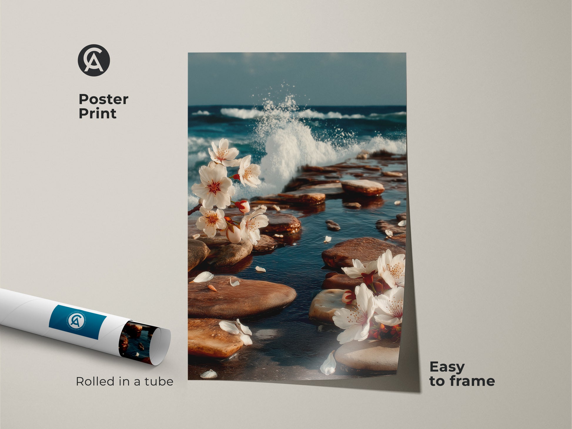 Poster Print showcasing ocean waves and cherry blossoms. Coastal art that is easy to frame and displays beautifully. The teal blue hues bring tranquility. An ideal gift for those who appreciate nature inspired artwork