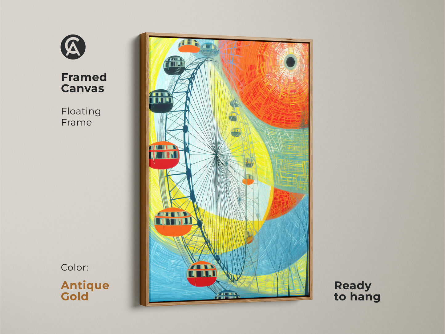 An antique gold framed canvas showing an abstract Ferris wheel artwork ready to hang. The yellow orange and blue cityscape creates a contemporary feel. This unique wall decor is perfect as a housewarming gift for those who appreciate modern travel art and vibrant abstract paintings.