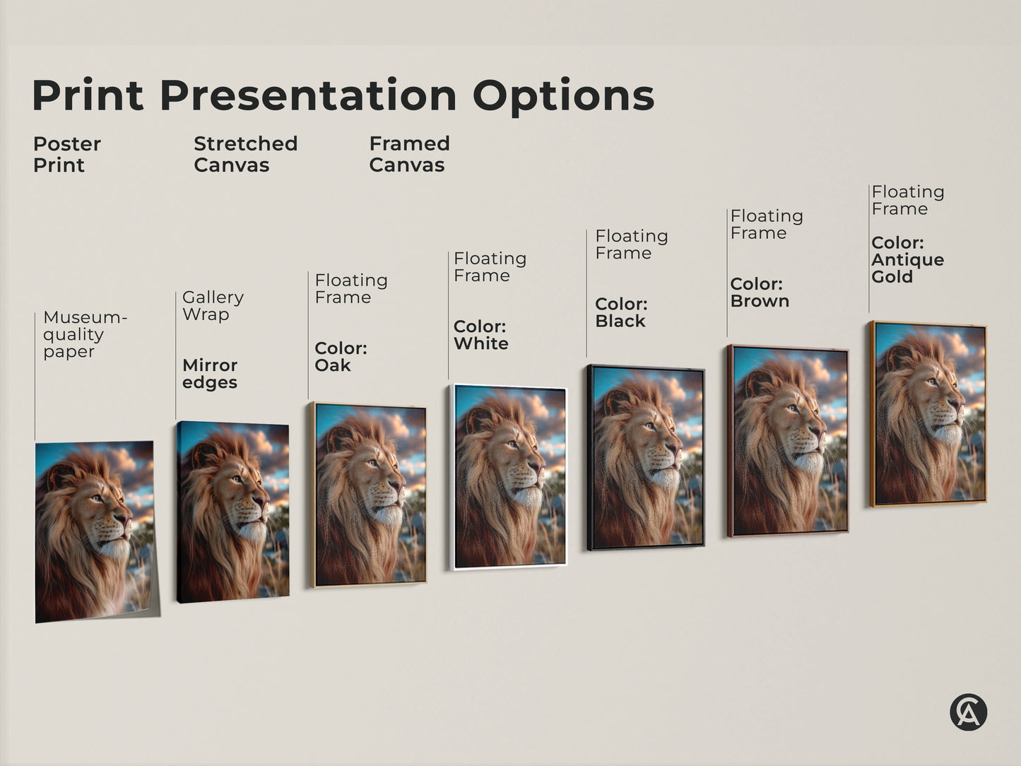 Explore print presentation options for photorealistic lion artwork. Choose from poster print stretched canvas or framed canvas. Each golden brown wildlife print enhances eclectic decor. Includes options with floating frames in various colors. Perfect savanna animal artwork for any room.