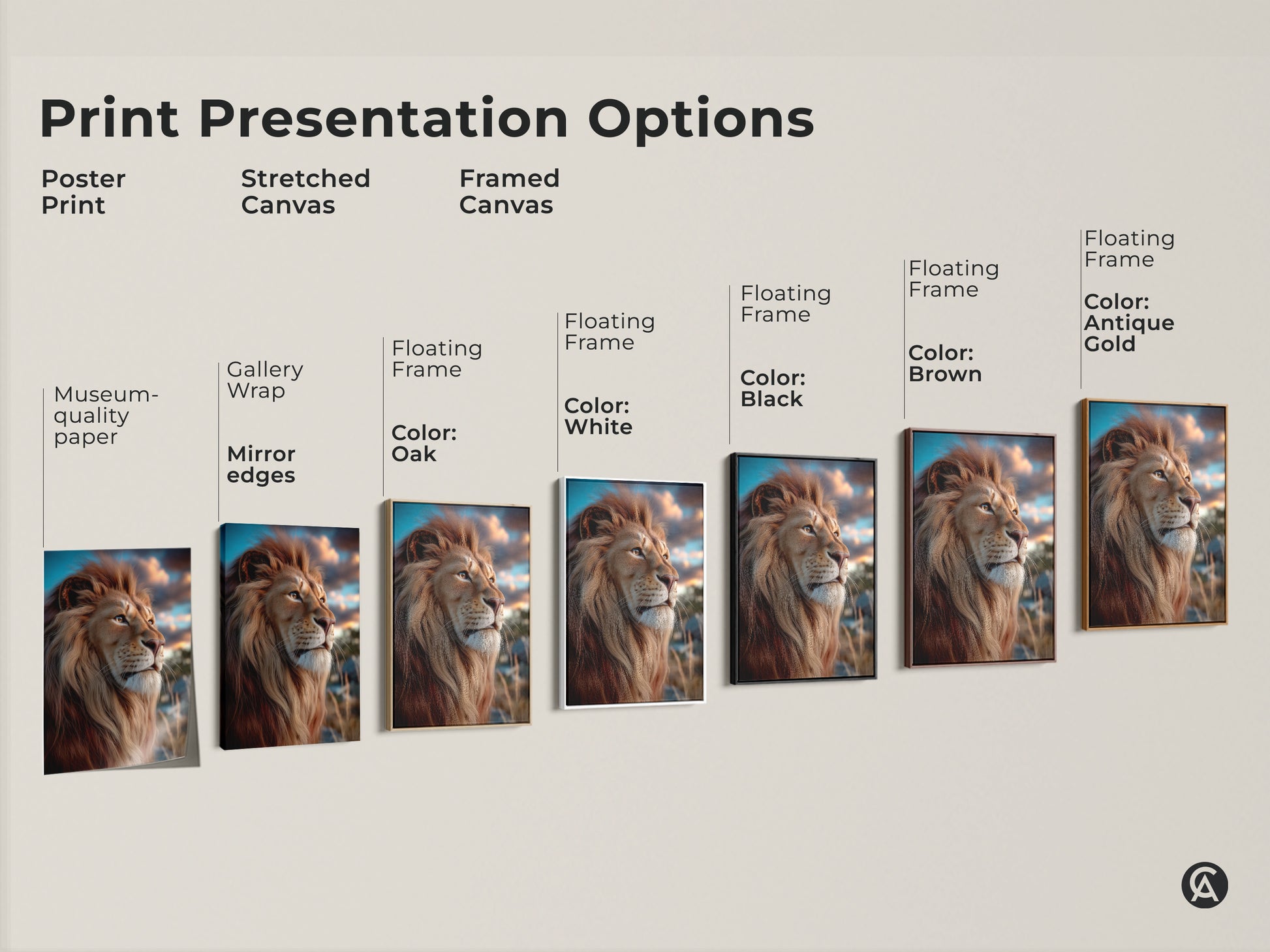 Explore print presentation options for photorealistic lion artwork. Choose from poster print stretched canvas or framed canvas. Each golden brown wildlife print enhances eclectic decor. Includes options with floating frames in various colors. Perfect savanna animal artwork for any room.