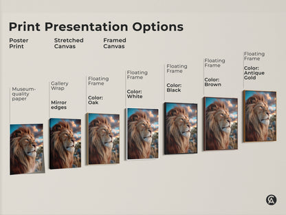 Explore print presentation options for photorealistic lion artwork. Choose from poster print stretched canvas or framed canvas. Each golden brown wildlife print enhances eclectic decor. Includes options with floating frames in various colors. Perfect savanna animal artwork for any room.
