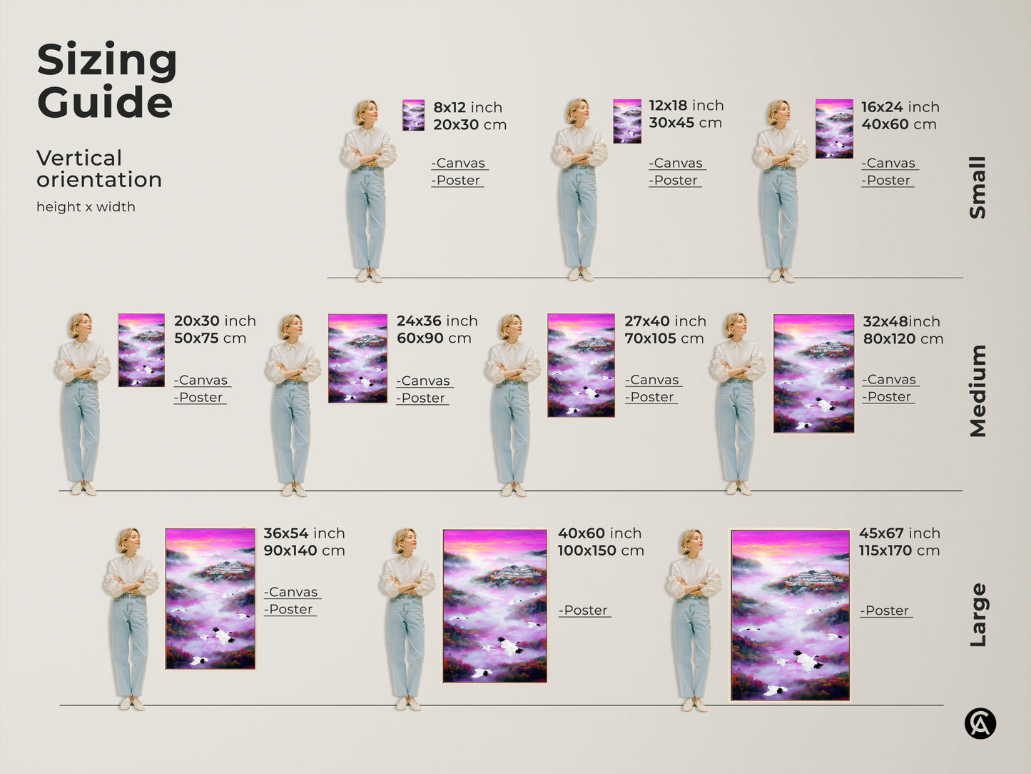 Sizing guide for vertical art orientation. This artwork shows various sizes of canvas and poster prints. Sizes range from small medium and large. A woman stands beside the crane and pagoda art print. This guide helps visualize the ideal fit for your space. Each print offers spiritual animal wall art.