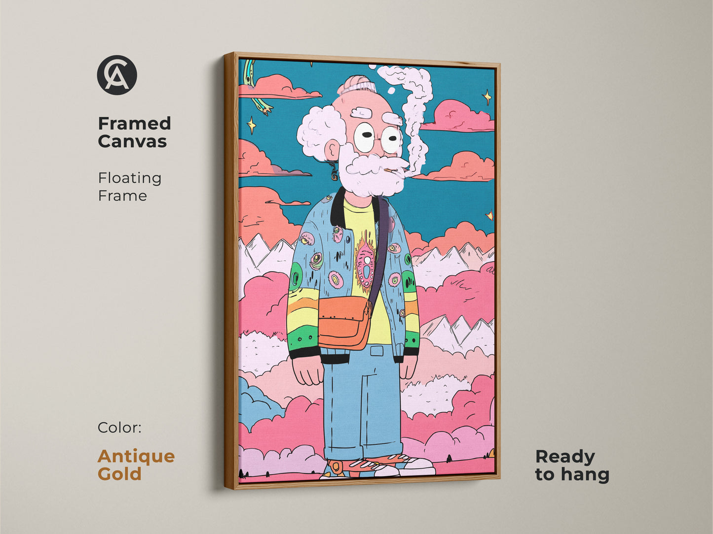 This framed canvas artwork features a cartoon character smoking. The floating frame in antique gold adds a vintage touch. Ready to hang this piece is perfect for eclectic art lovers. It brings character and charm to any room.