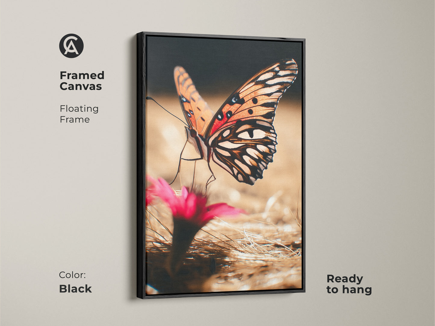 Framed canvas with a floating black frame showcases an orange butterfly. This nature-inspired artwork is ready to hang. Perfect for adding a boho touch to your living space or bedroom. A realistic insect print with vibrant colors. Ideal gift for nature enthusiasts.