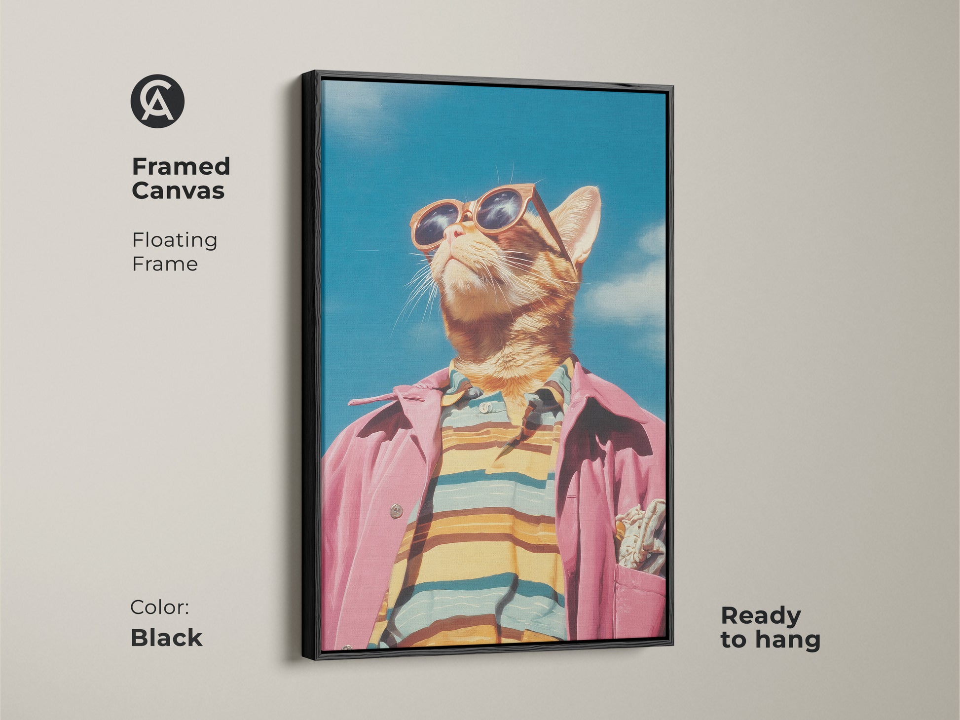 Framed canvas art of a cat in sunglasses and a pink jacket with a black floating frame. This cool cat artwork is ready to hang. Enhance your wall decor with this stylish animal art. The black frame adds a modern touch.