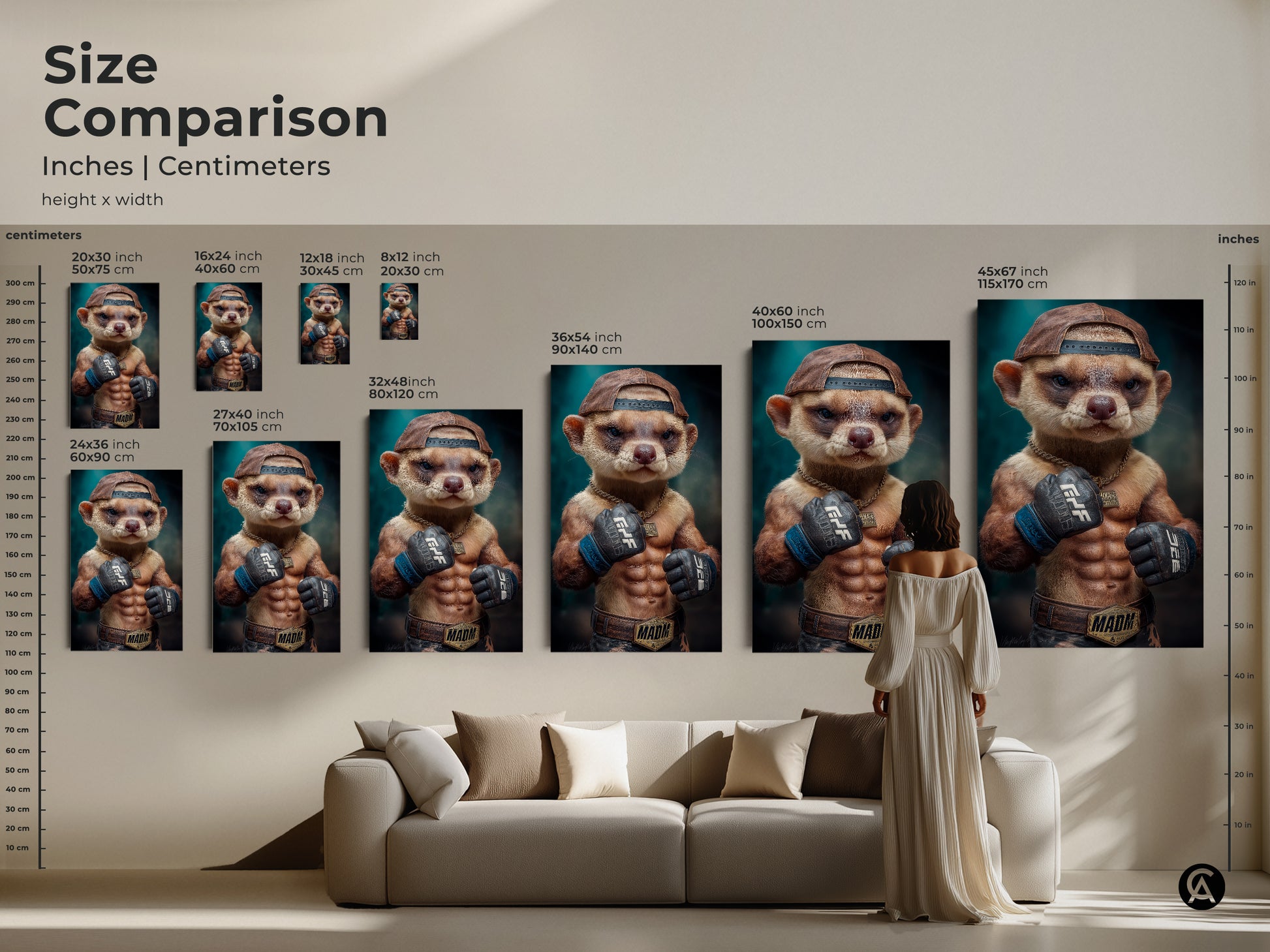 This image shows a size comparison chart of this art. The height and width are compared in inches and centimeters. This photorealistic animal artwork will look great in a man cave office or game room. This makes a great modern art gift