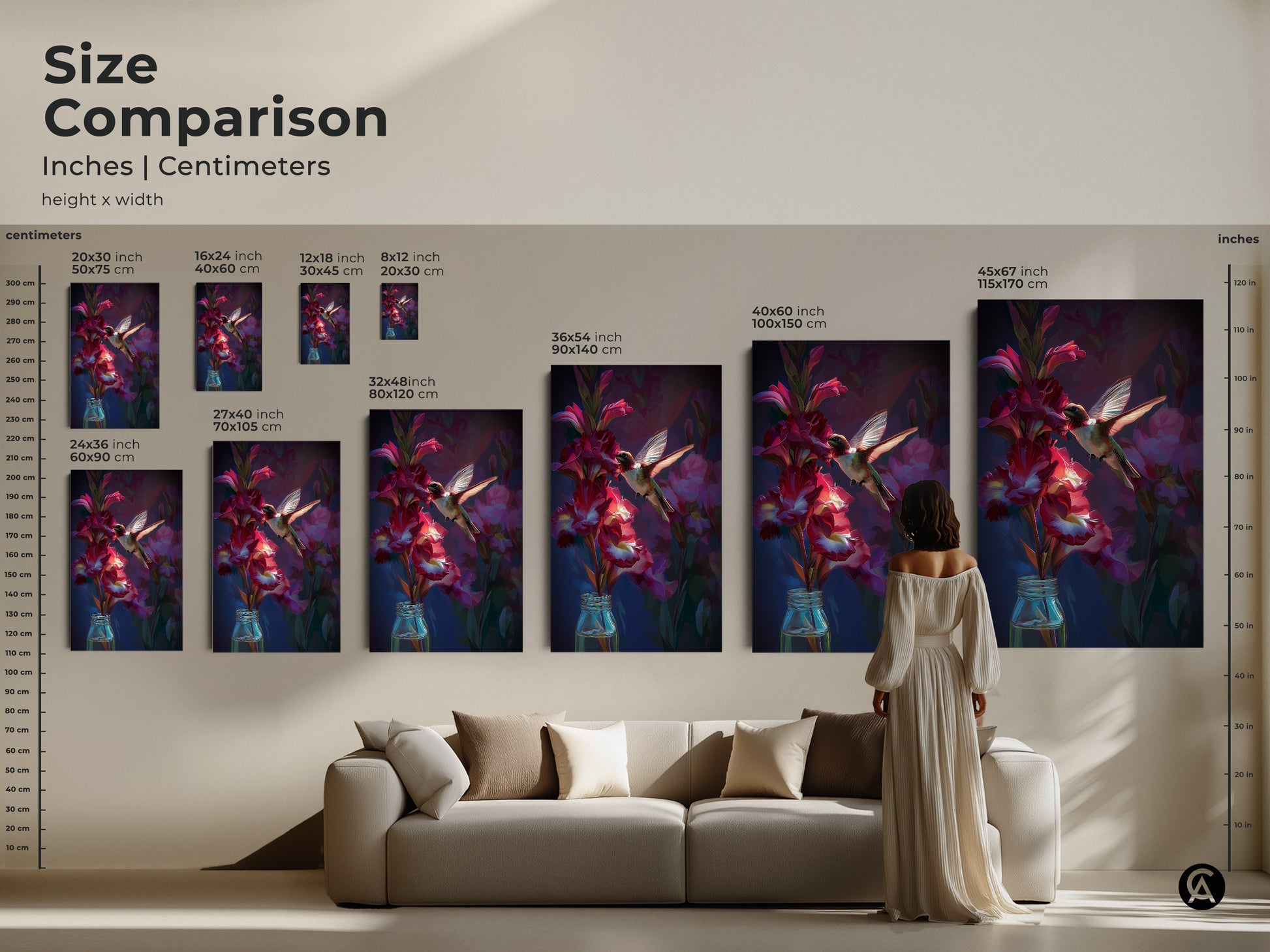 Size comparison of hummingbird and gladiolus art print in a living room setting. See how different sizes from 8x12 to 45x67 inches look above a sofa. Available as canvas or poster to enhance your home decor.