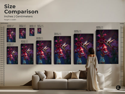 Size comparison of hummingbird and gladiolus art print in a living room setting. See how different sizes from 8x12 to 45x67 inches look above a sofa. Available as canvas or poster to enhance your home decor.