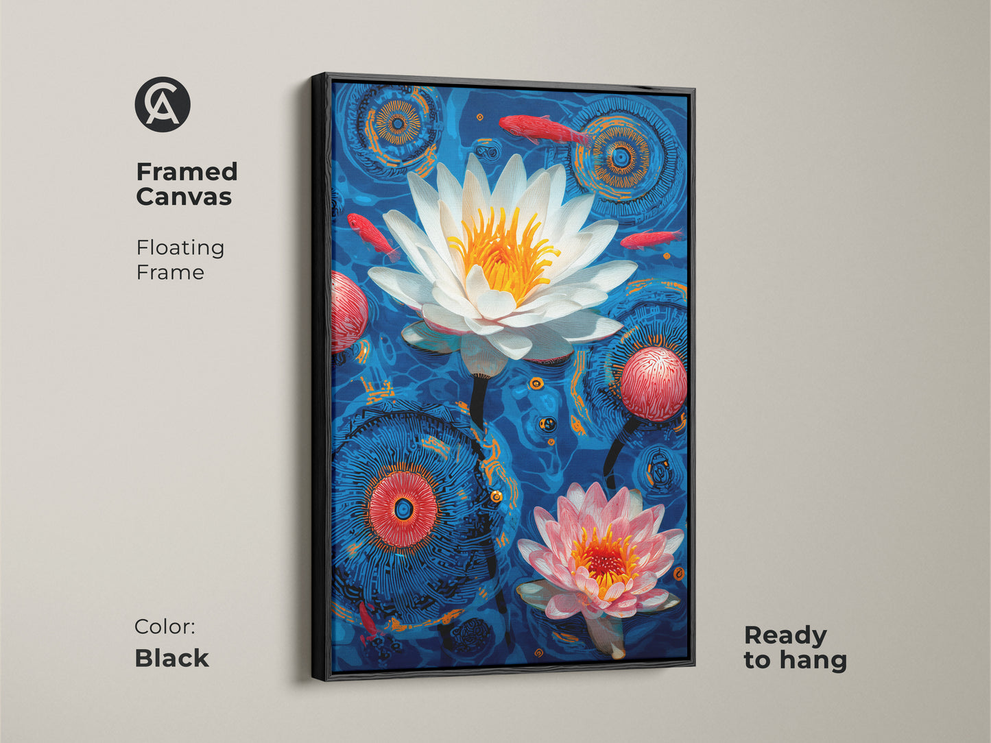 Framed Canvas with a floating frame showcasing a Modern Folk art print of water lilies and koi fish. The deep blue orange and red artwork is ready to hang. Perfect as eclectic wall decor this framed piece adds a vibrant and serene touch to any room