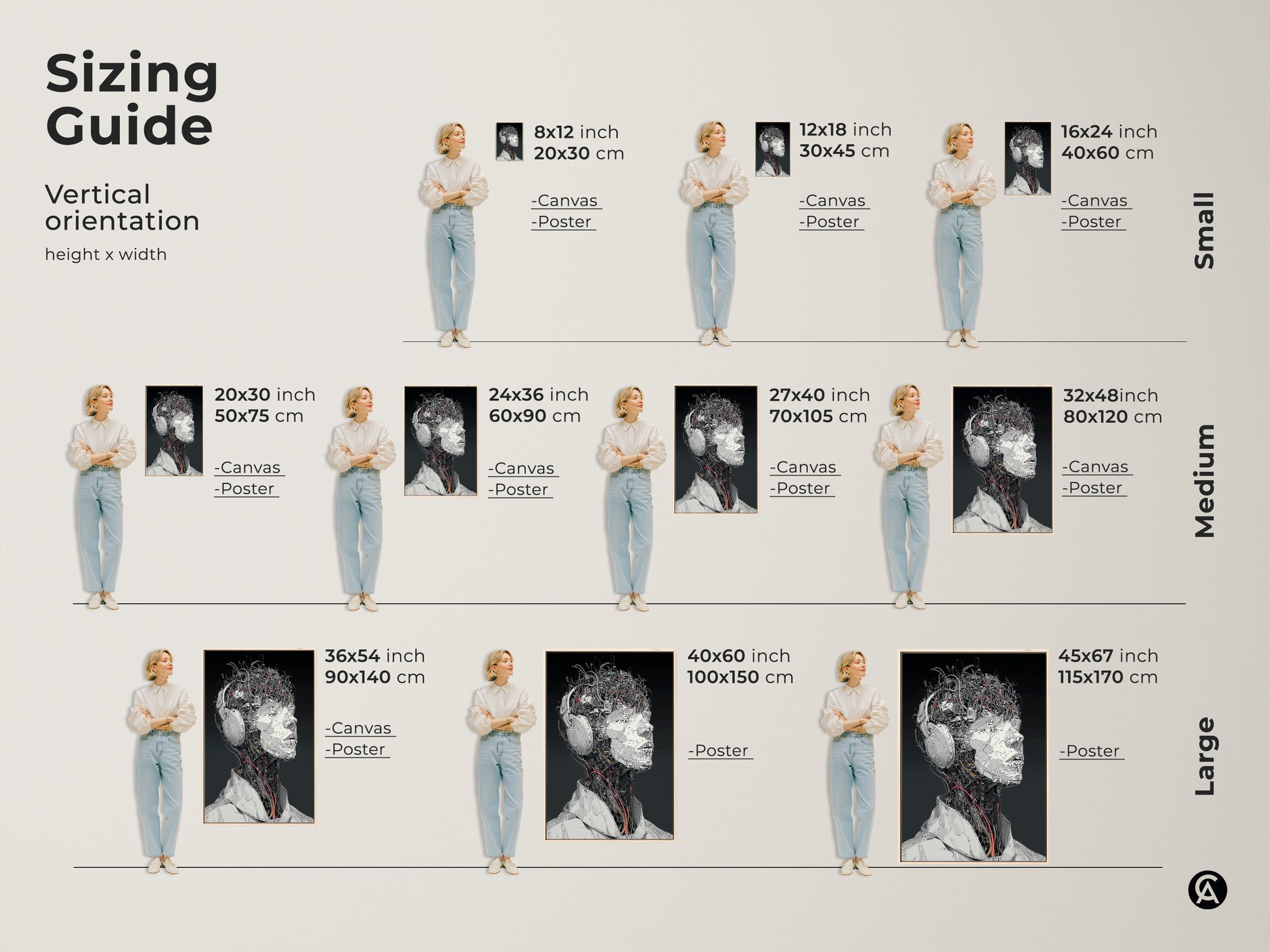 Sizing guide for vertical cyborg head artwork. Available in sizes from small to large. Options include canvas and poster prints. Find the perfect fit for your space. Transform your walls with this unique piece.