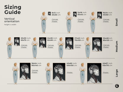 Sizing guide for vertical cyborg head artwork. Available in sizes from small to large. Options include canvas and poster prints. Find the perfect fit for your space. Transform your walls with this unique piece.