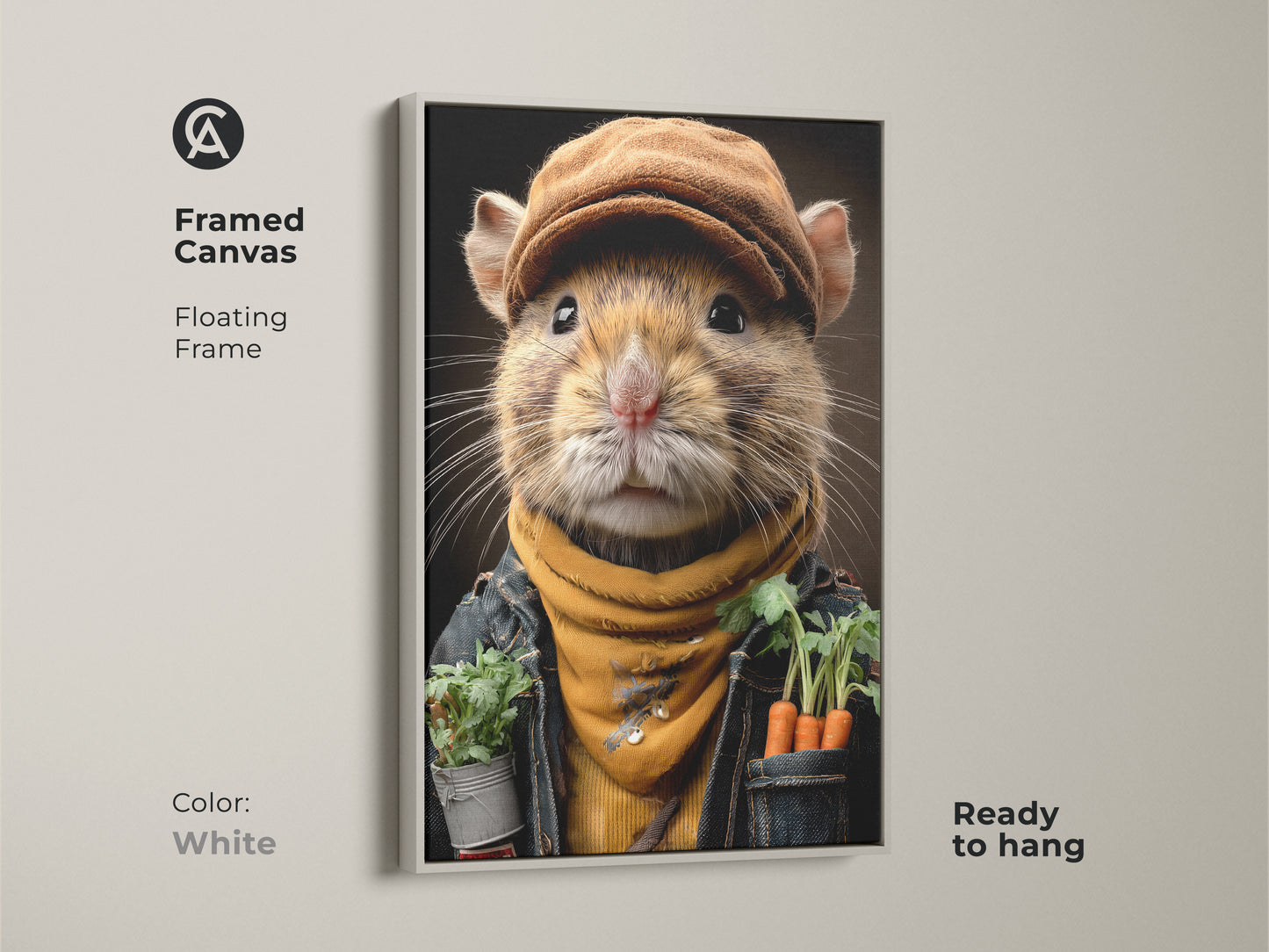 Framed canvas with a floating frame featuring a realistic mouse gardener. The white frame gives a fresh look to the whimsical animal artwork. This small animal portrait makes a cute accent for a home office. A delightful art print for nature lovers seeking eclectic decor and handmade wall art.
