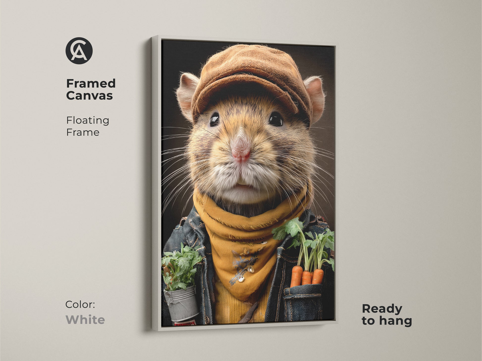 Framed canvas with a floating frame featuring a realistic mouse gardener. The white frame gives a fresh look to the whimsical animal artwork. This small animal portrait makes a cute accent for a home office. A delightful art print for nature lovers seeking eclectic decor and handmade wall art.