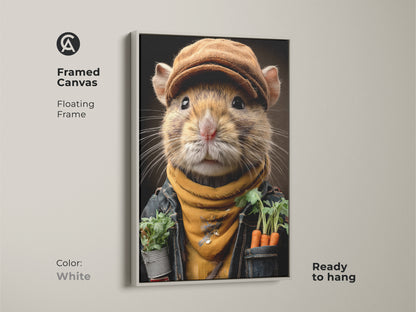 Framed canvas with a floating frame featuring a realistic mouse gardener. The white frame gives a fresh look to the whimsical animal artwork. This small animal portrait makes a cute accent for a home office. A delightful art print for nature lovers seeking eclectic decor and handmade wall art.