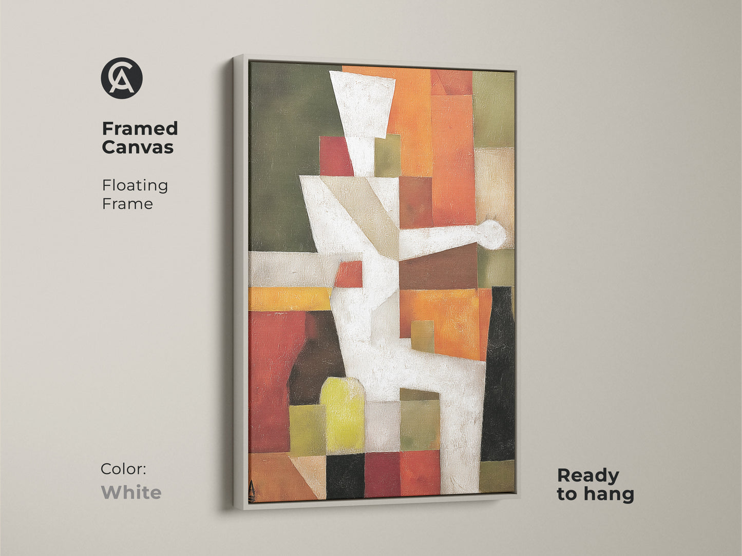 Framed canvas of abstract geometric artwork. The floating frame is white. This Mid-Century Modern art is ready to hang. It features a Terracotta and White palette with Orange and Olive Green accents.