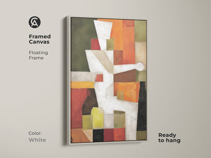 Framed canvas of abstract geometric artwork. The floating frame is white. This Mid-Century Modern art is ready to hang. It features a Terracotta and White palette with Orange and Olive Green accents.