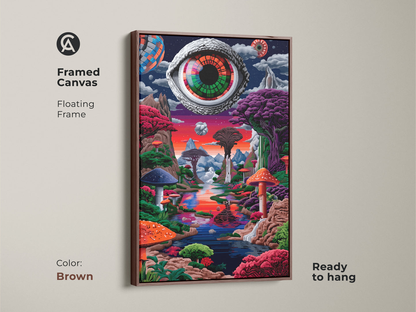 Framed canvas art print of Eye See You with a brown floating frame. This surreal artwork features a giant eye overlooking a colorful mushroom landscape. Ready to hang this framed canvas adds a warm touch to your wall decor. A psychedelic art piece.