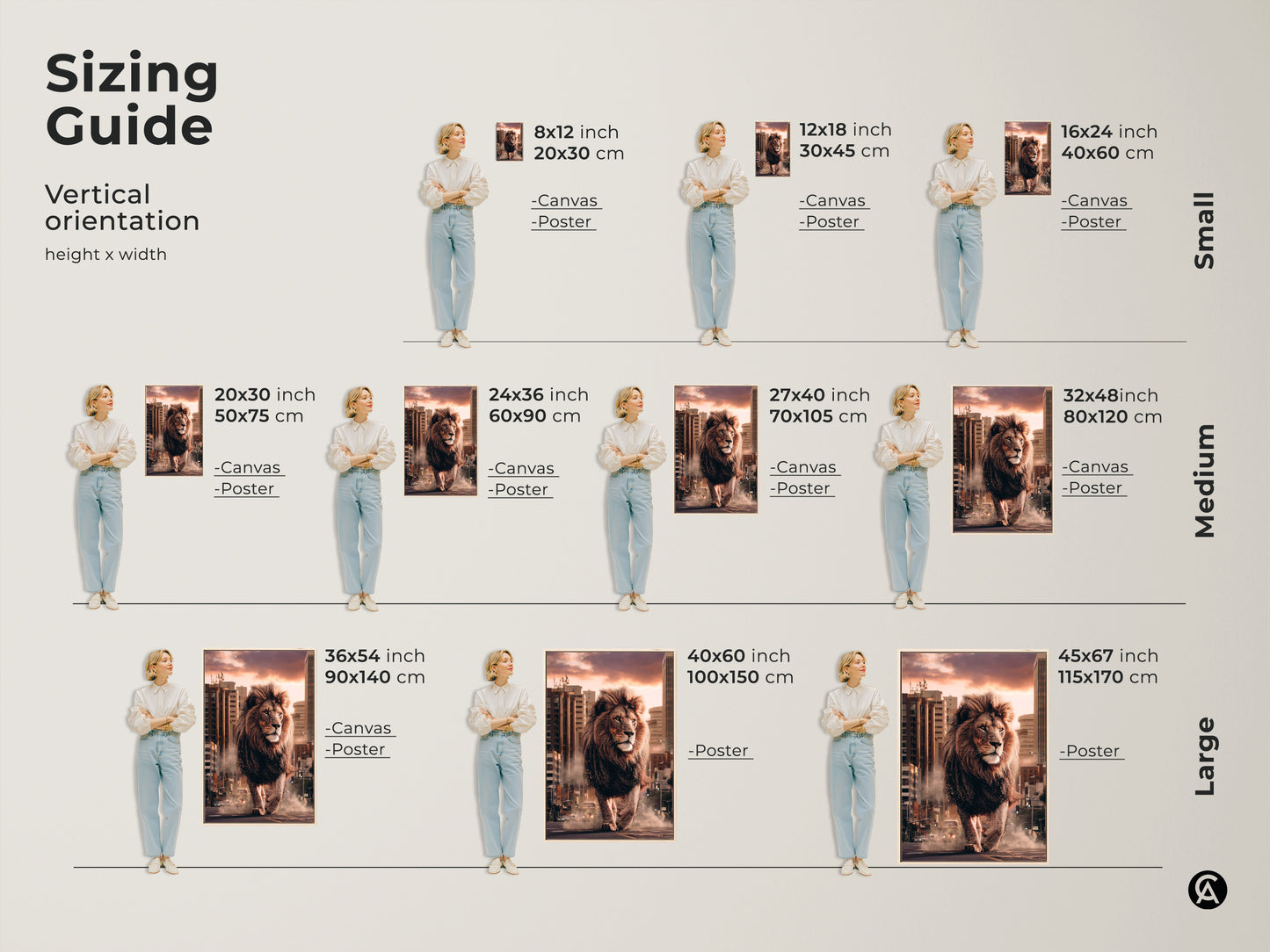Sizing guide for canvas and poster art. The vertical orientation shows height by width. Find sizes from small medium and large. A Lion in the city is used in these examples.