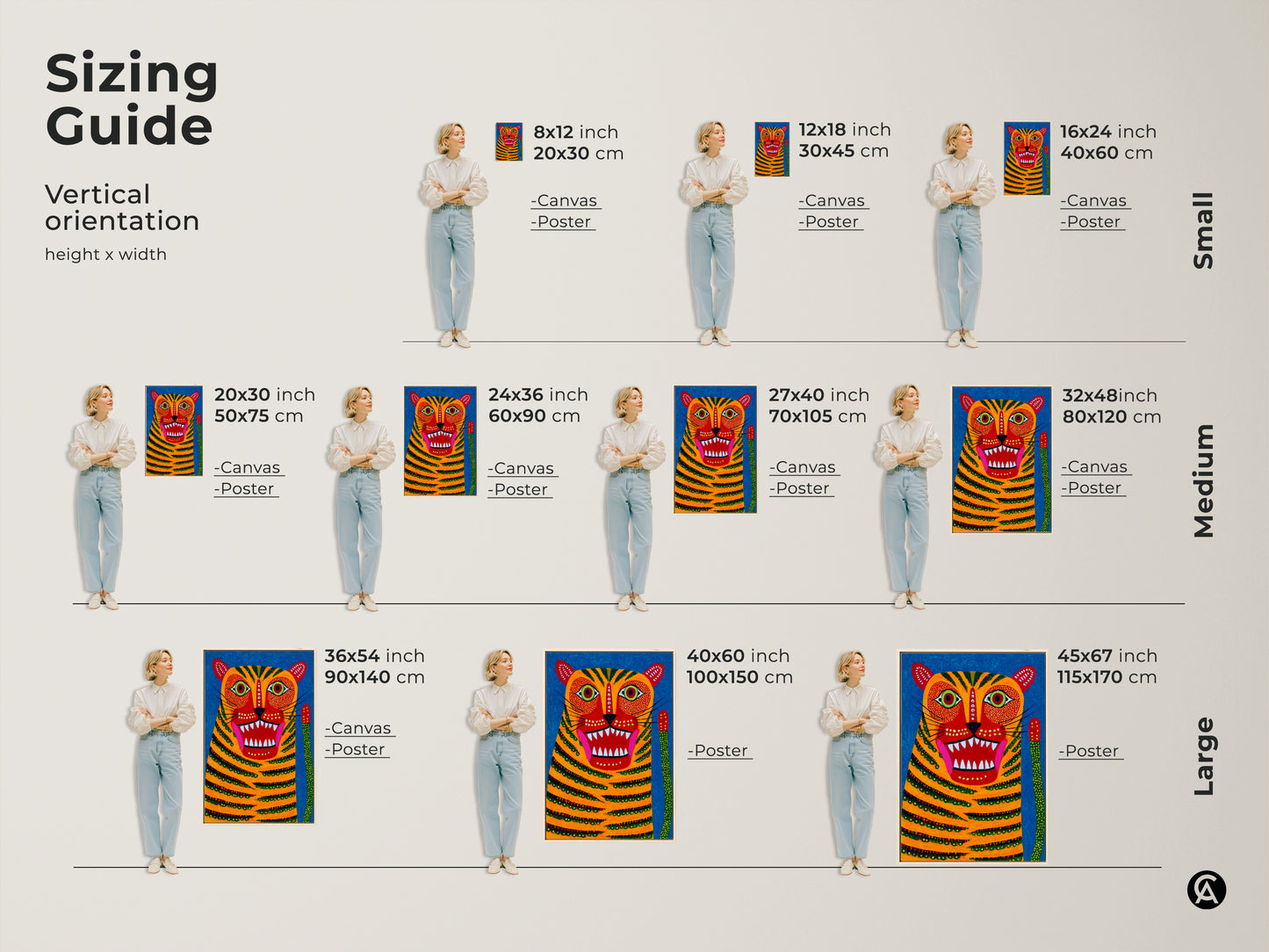 Discover the ideal size with this vertical orientation sizing guide. See how the folk art tiger art print looks in various dimensions. From 8x12 to 45x67 inches. Visualize the canvas and poster options in small medium and large sizes with real people.
