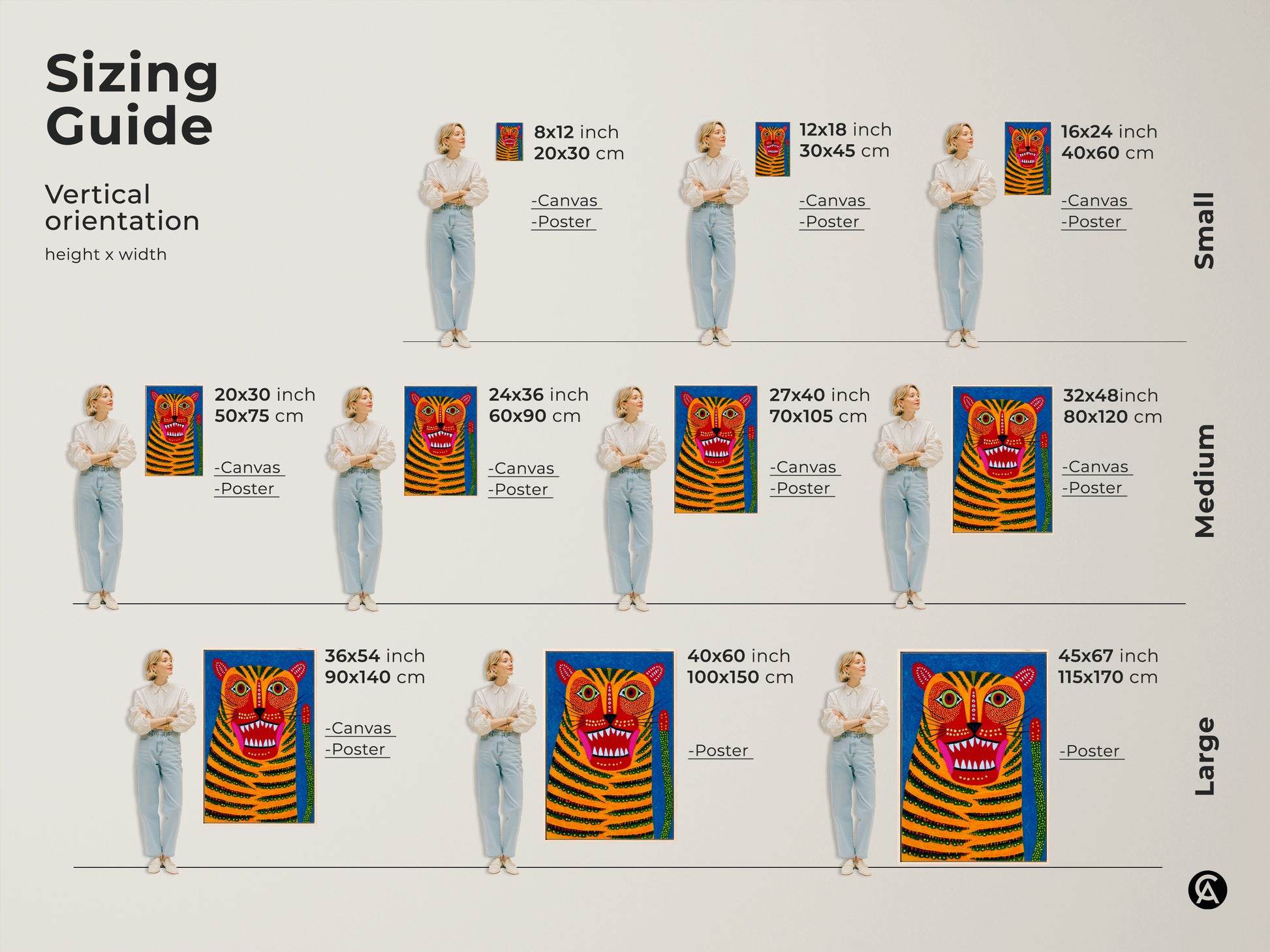 Discover the ideal size with this vertical orientation sizing guide. See how the folk art tiger art print looks in various dimensions. From 8x12 to 45x67 inches. Visualize the canvas and poster options in small medium and large sizes with real people.