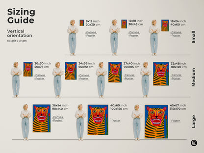 Discover the ideal size with this vertical orientation sizing guide. See how the folk art tiger art print looks in various dimensions. From 8x12 to 45x67 inches. Visualize the canvas and poster options in small medium and large sizes with real people.