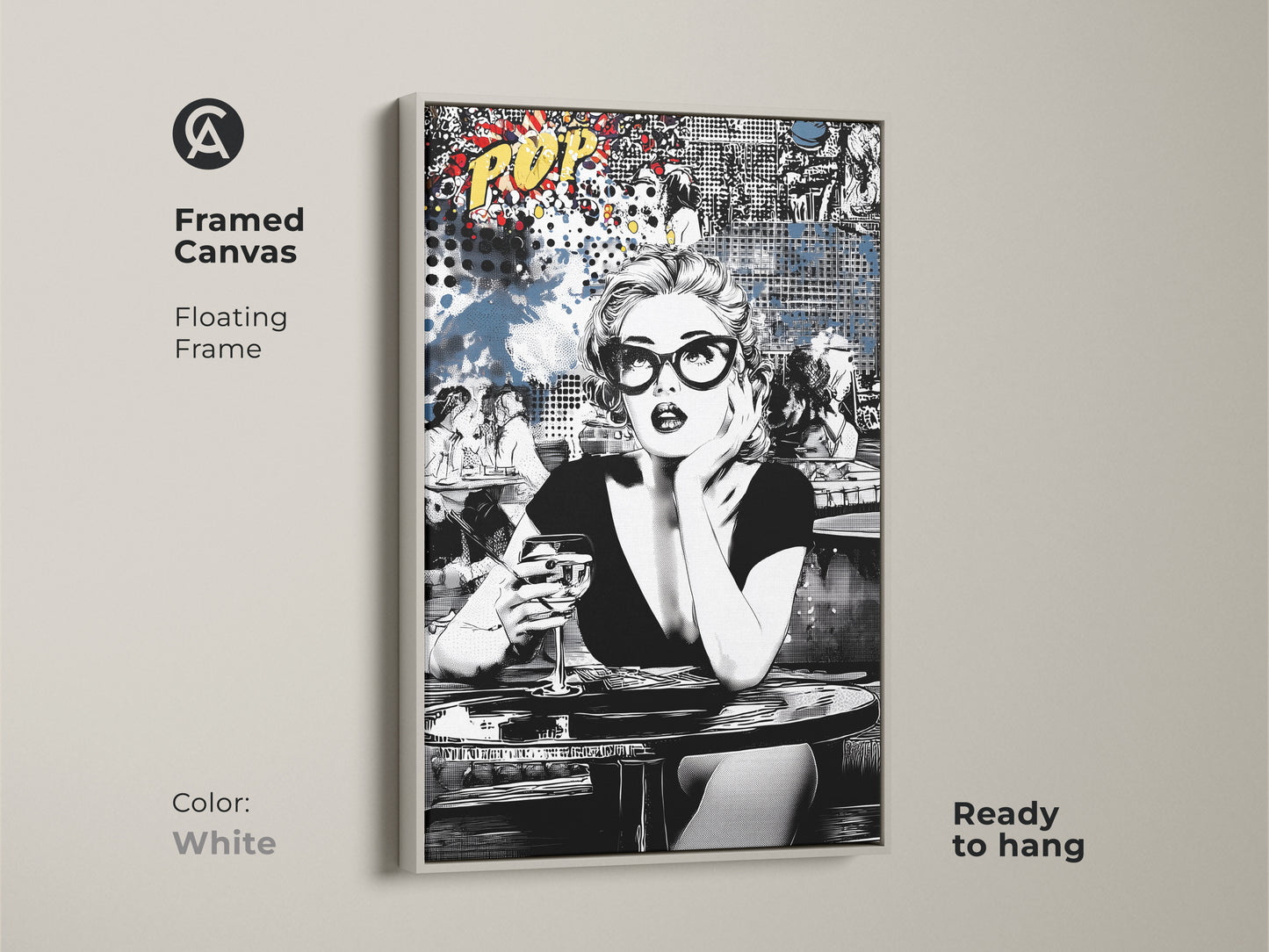 This framed canvas print offers a clean and modern look. The white floating frame highlights the retro woman with a cocktail artwork. Perfect for a minimalist or eclectic style. Ready to hang and enjoy. A stylish addition to any home bar or living space.