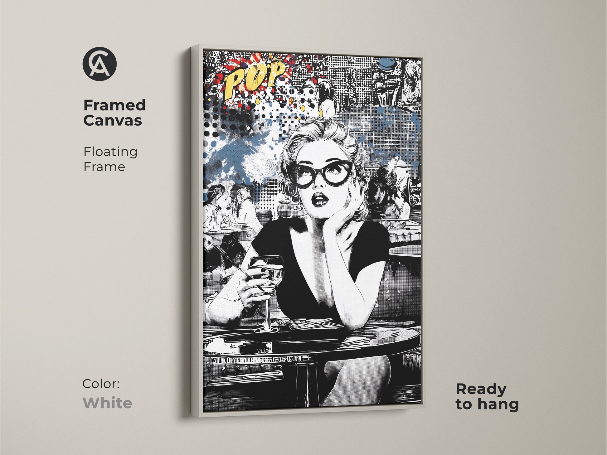 This framed canvas print offers a clean and modern look. The white floating frame highlights the retro woman with a cocktail artwork. Perfect for a minimalist or eclectic style. Ready to hang and enjoy. A stylish addition to any home bar or living space.