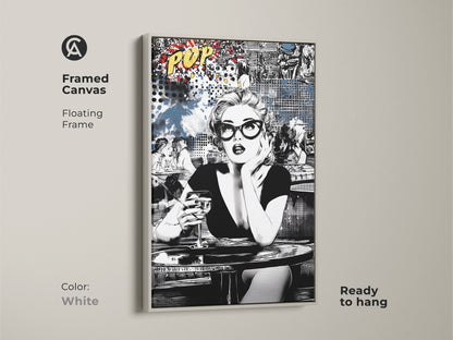 This framed canvas print offers a clean and modern look. The white floating frame highlights the retro woman with a cocktail artwork. Perfect for a minimalist or eclectic style. Ready to hang and enjoy. A stylish addition to any home bar or living space.