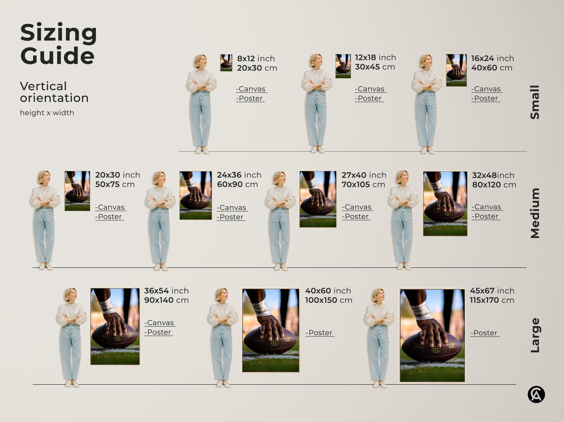 Sizing guide for American Football canvas and poster prints. Vertical orientation with various height and width options. Available in small medium and large sizes. Find the perfect fit for your space. Ideal for man caves and office art. This is a thoughtful gift for him.