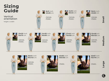 Sizing guide for American Football canvas and poster prints. Vertical orientation with various height and width options. Available in small medium and large sizes. Find the perfect fit for your space. Ideal for man caves and office art. This is a thoughtful gift for him.