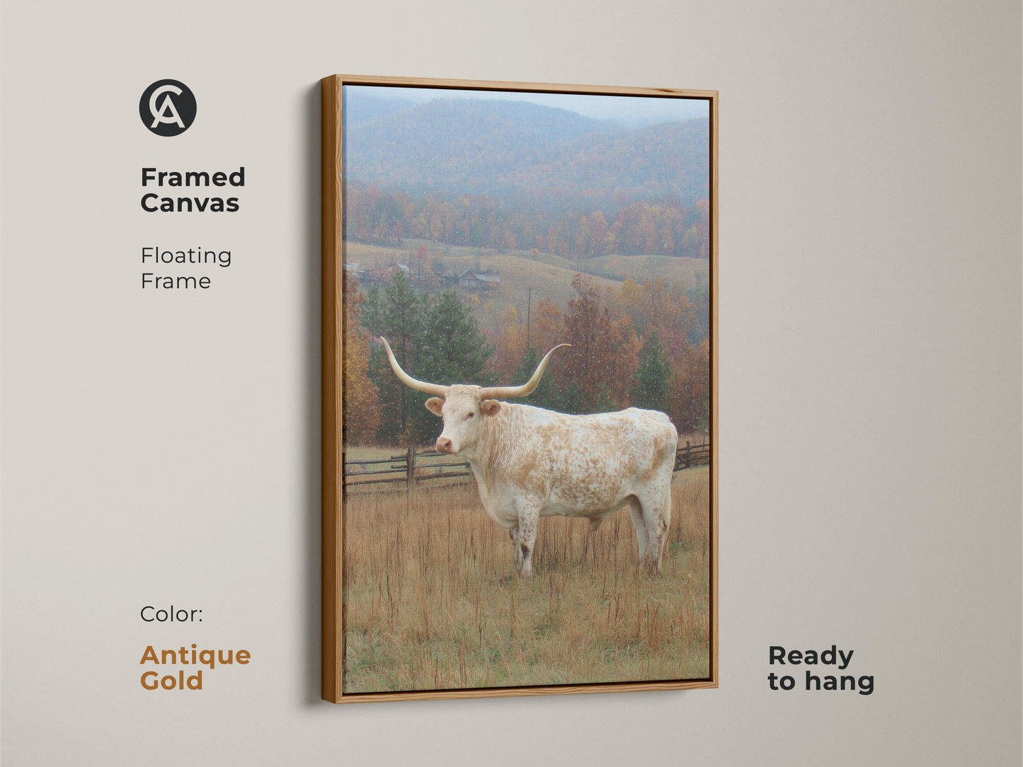 Framed canvas art featuring a Longhorn in a field. The canvas has a floating antique gold frame. Ready to hang in any room. The artwork features a majestic Longhorn in a picturesque fall landscape with snow.
