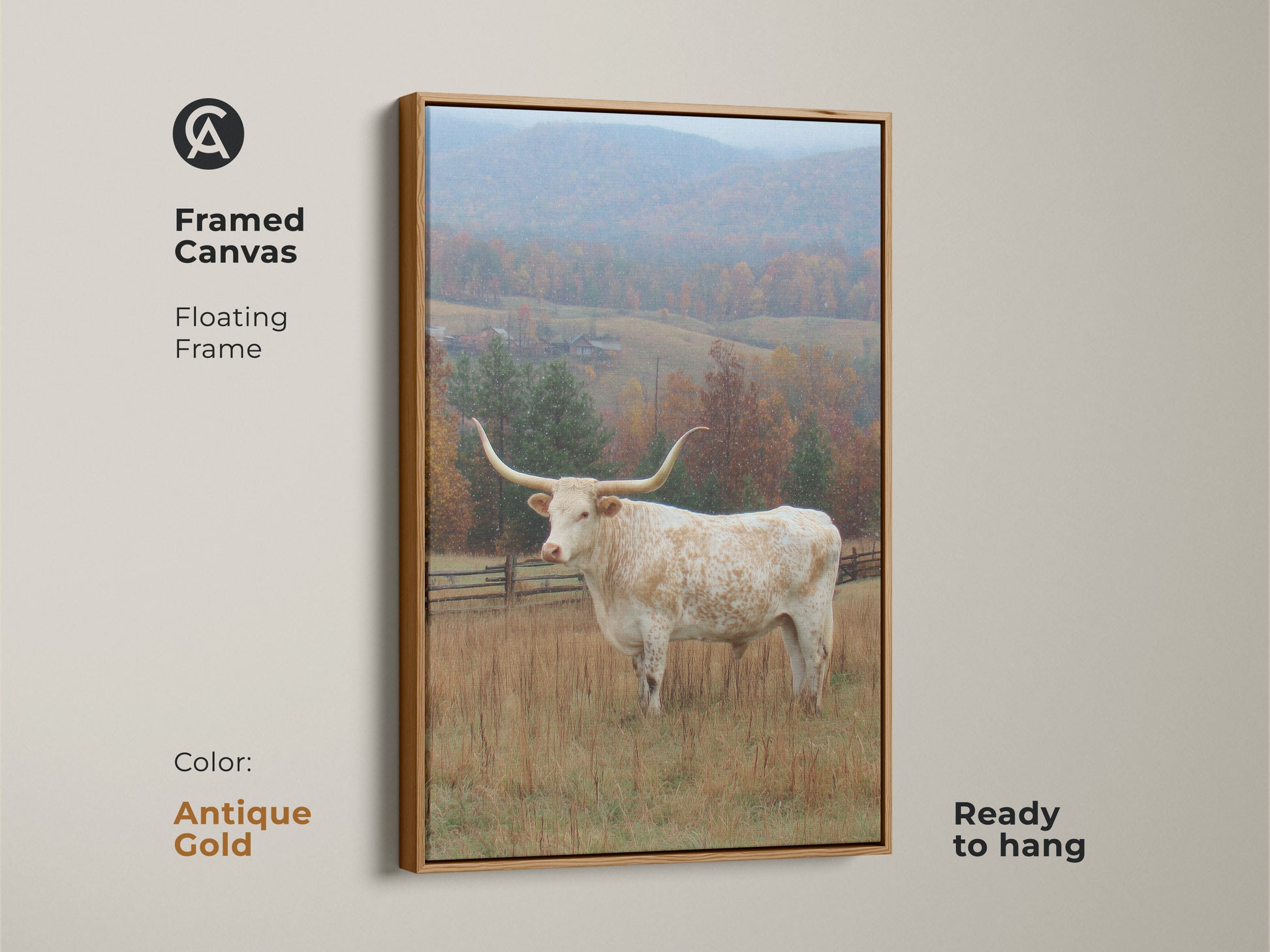 Framed canvas art featuring a Longhorn in a field. The canvas has a floating antique gold frame. Ready to hang in any room. The artwork features a majestic Longhorn in a picturesque fall landscape with snow.