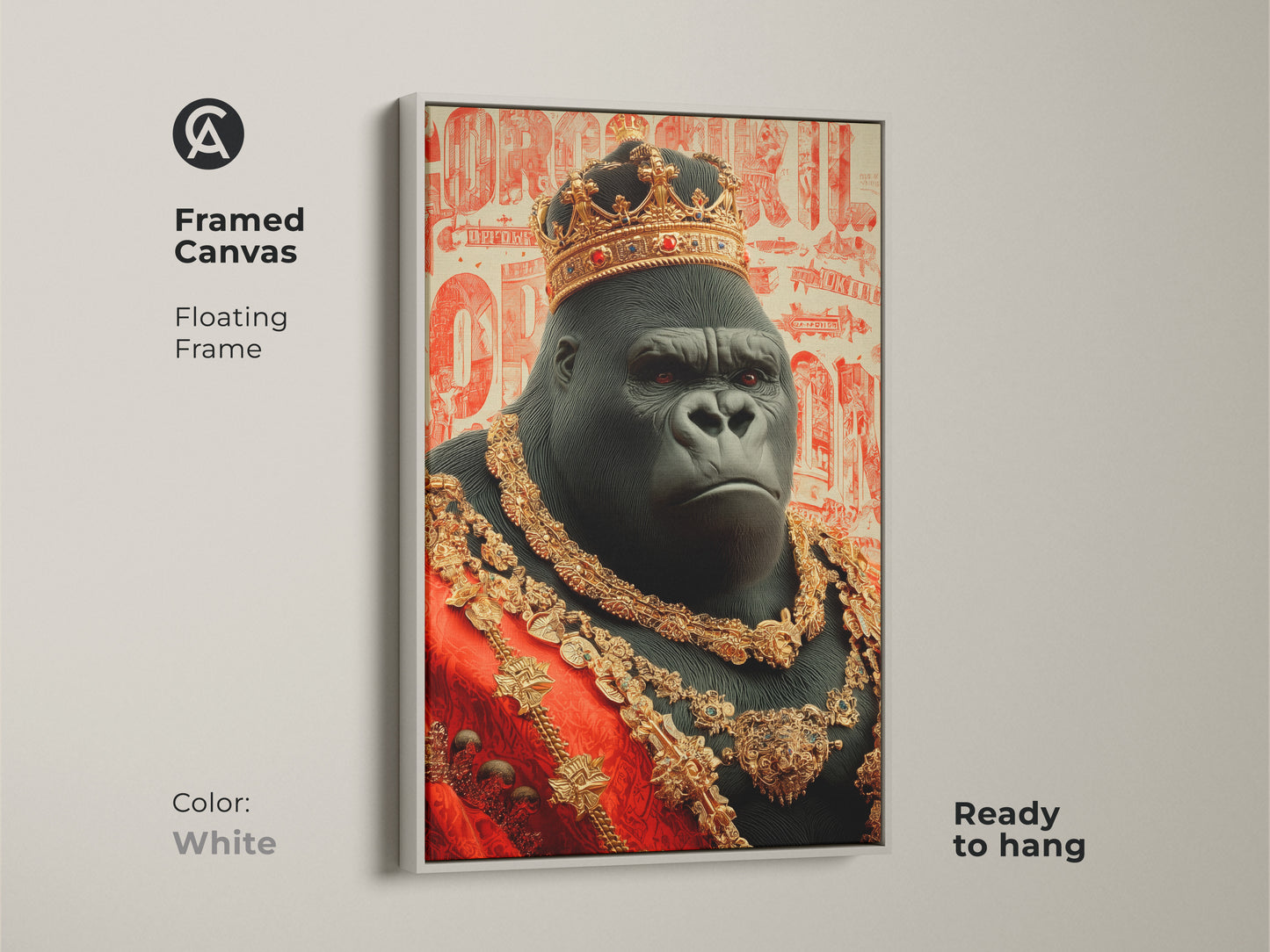Framed canvas displaying the regal gorilla wall art with a white floating frame. The ornate animal artwork adds a clean modern touch to any interior. This ready to hang art piece is perfect for adding a unique statement to your eclectic home decor.