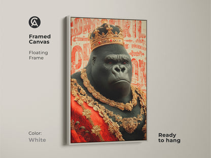 Framed canvas displaying the regal gorilla wall art with a white floating frame. The ornate animal artwork adds a clean modern touch to any interior. This ready to hang art piece is perfect for adding a unique statement to your eclectic home decor.
