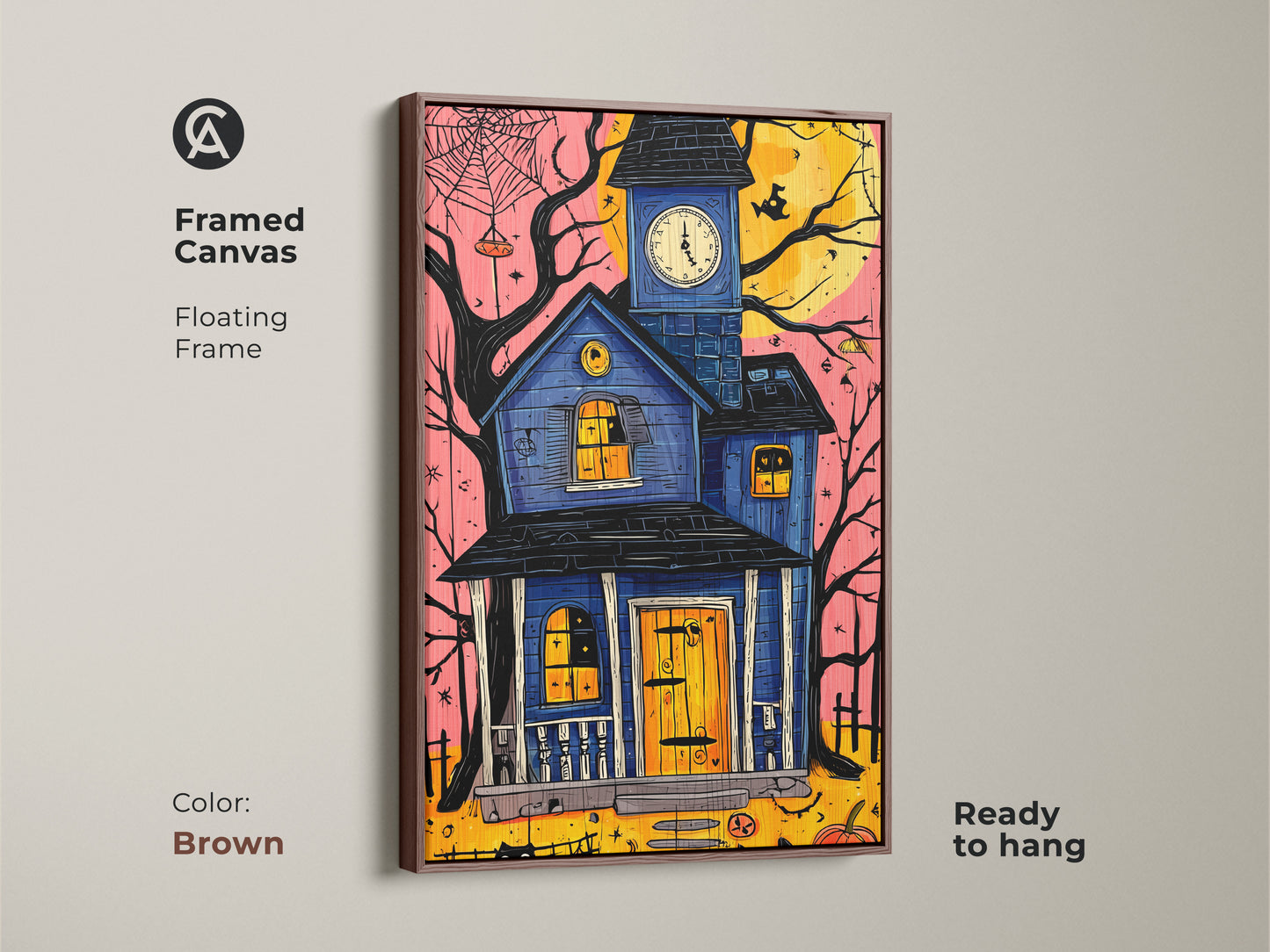 Framed canvas of a haunted house art print in a brown floating frame. This Halloween wall decor features a black cat and pumpkin. The eclectic blue yellow orange artwork adds character. This spooky piece is ready to hang.