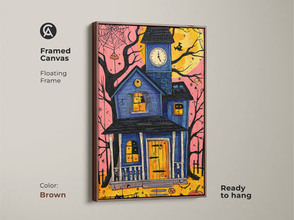 Framed canvas of a haunted house art print in a brown floating frame. This Halloween wall decor features a black cat and pumpkin. The eclectic blue yellow orange artwork adds character. This spooky piece is ready to hang.