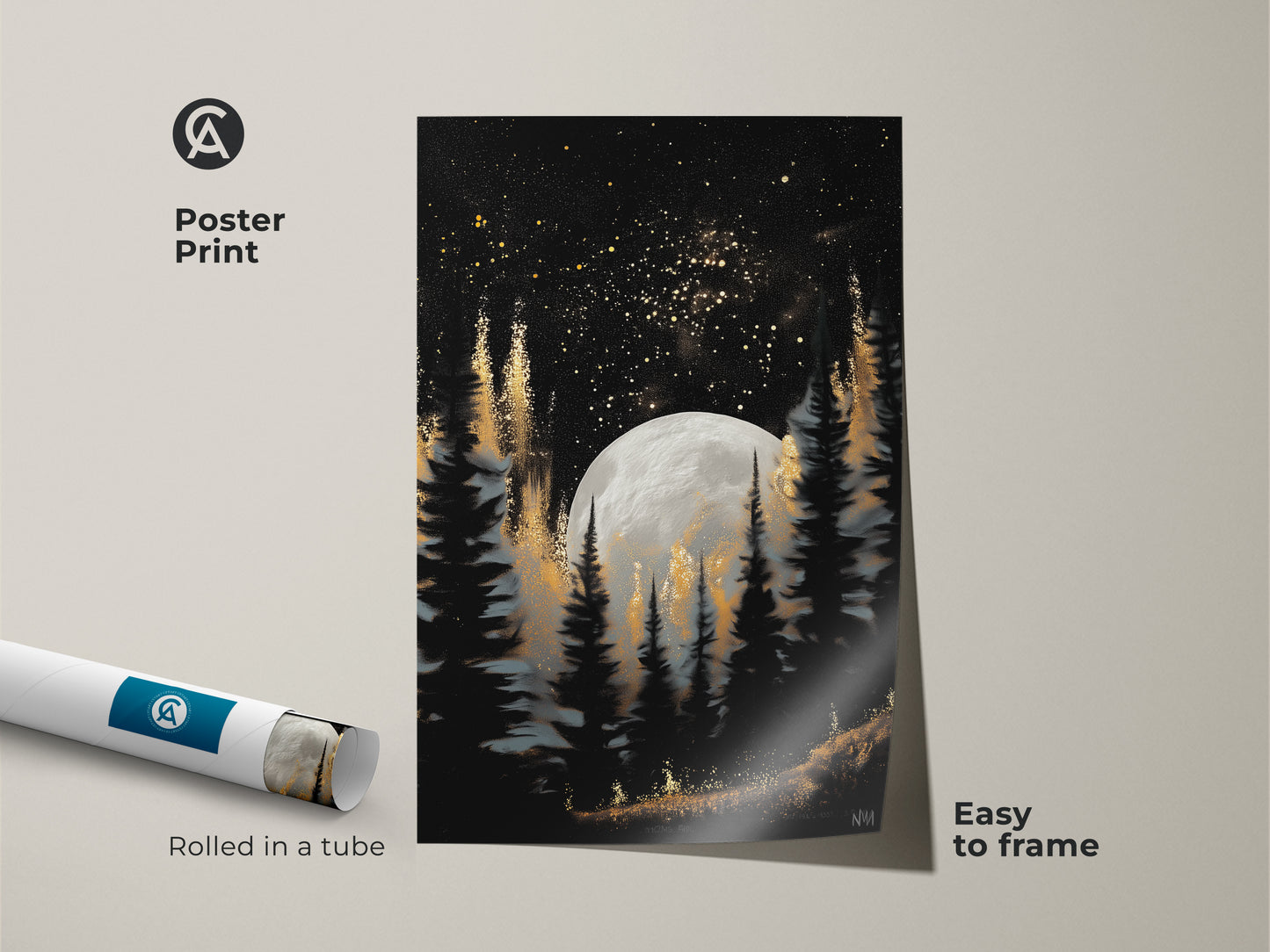 This moonlit pine forest artwork is available as a poster print. It captures a celestial night sky with gold accents. The print is easy to frame and arrives rolled in a tube. Perfect for adding a touch of dark academia to your space. It makes an excellent gift for astronomy enthusiasts.