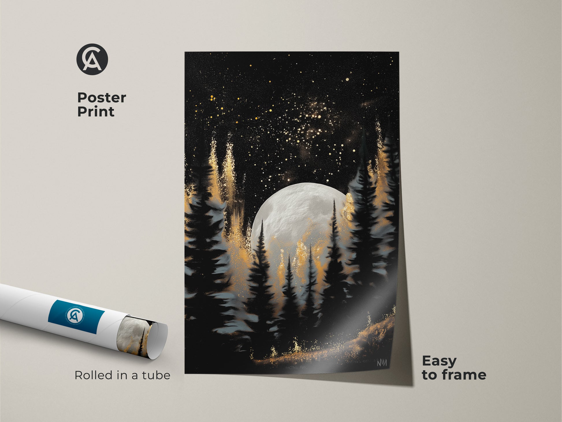 This moonlit pine forest artwork is available as a poster print. It captures a celestial night sky with gold accents. The print is easy to frame and arrives rolled in a tube. Perfect for adding a touch of dark academia to your space. It makes an excellent gift for astronomy enthusiasts.