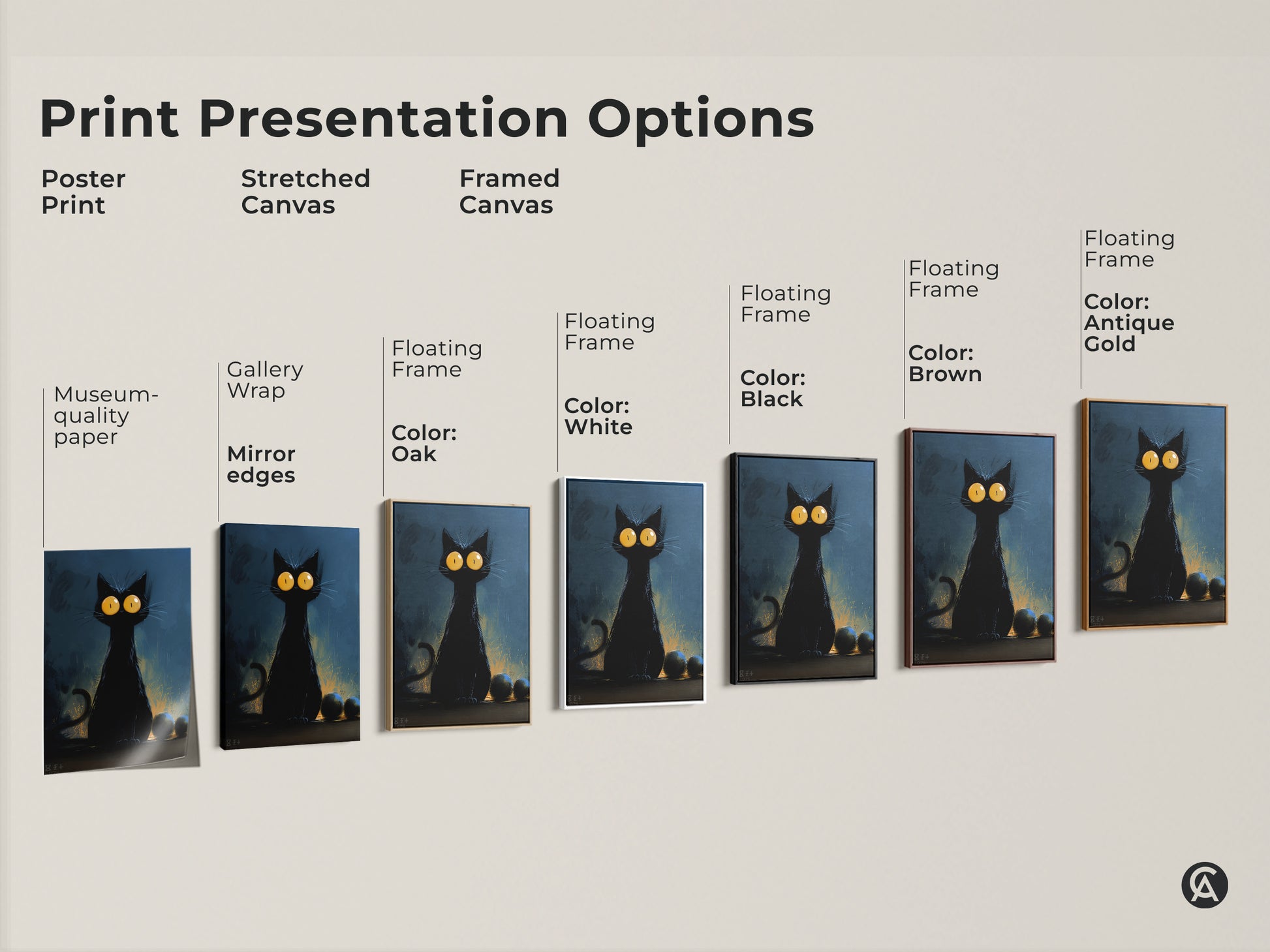 Print presentation options showcase a black cat art print. Choose from poster print stretched canvas or framed canvas. Perfect gothic home decor art for cat lovers. Find the ideal Halloween cat art.