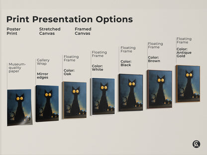 Print presentation options showcase a black cat art print. Choose from poster print stretched canvas or framed canvas. Perfect gothic home decor art for cat lovers. Find the ideal Halloween cat art.