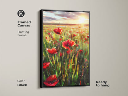Framed canvas with a floating frame showcases a red floral poppy field. The black frame enhances the impressionist landscape artwork. Ready to hang this boho wall decor is perfect. A summer meadow painting for garden lovers to enjoy.