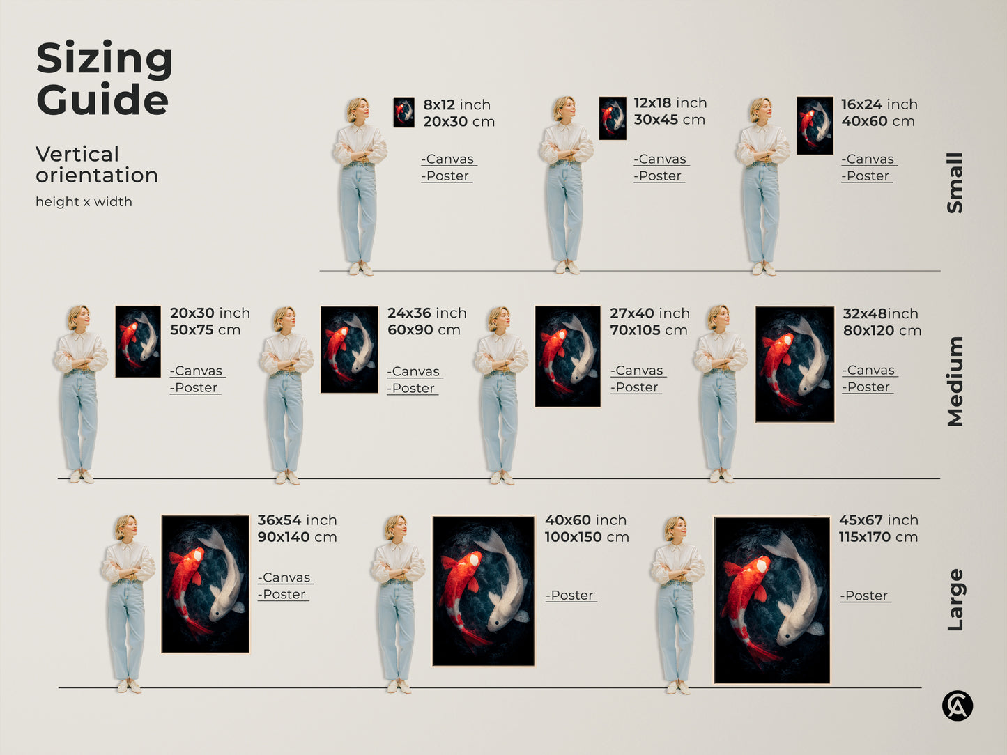 A sizing guide shows the koi fish art in different vertical sizes. The art is available as a canvas or poster. Sizes range from small to large to fit any wall space or art collection.