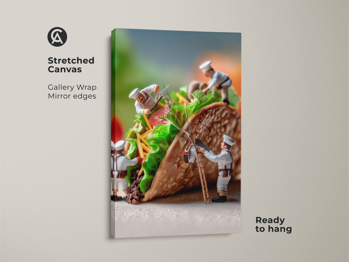 Stretched Canvas artwork featuring miniature chefs building a taco. This unique food art uses a gallery wrap technique. The mirror edges add depth. The chefs are carefully placing ingredients. This piece is ready to hang and adds a whimsical touch to any room.