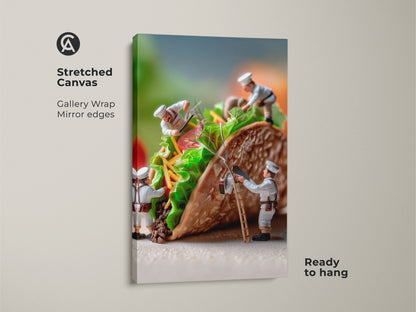 Stretched Canvas artwork featuring miniature chefs building a taco. This unique food art uses a gallery wrap technique. The mirror edges add depth. The chefs are carefully placing ingredients. This piece is ready to hang and adds a whimsical touch to any room.