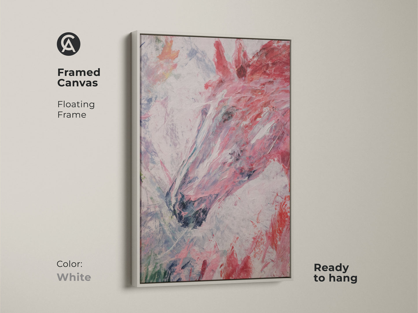 Framed canvas print featuring an abstract horse head with a floating white frame. This modern equestrian art piece offers a clean contemporary look. The canvas showcases pink red and white brush strokes. It is ready to hang. It makes a perfect addition to a bedroom or living area.
