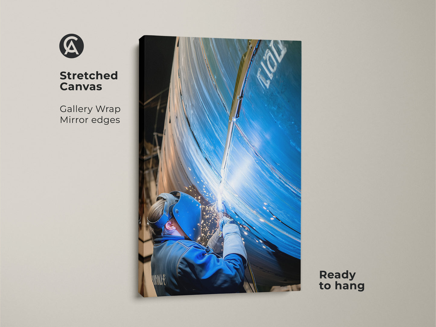 Welding art print on stretched canvas. This industrial canvas art features gallery wrapped edges. The artwork comes ready to hang. It shows a tradesperson welding with sparks and fire art. Great workshop wall decor.