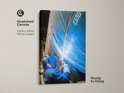 Welding art print on stretched canvas. This industrial canvas art features gallery wrapped edges. The artwork comes ready to hang. It shows a tradesperson welding with sparks and fire art. Great workshop wall decor.