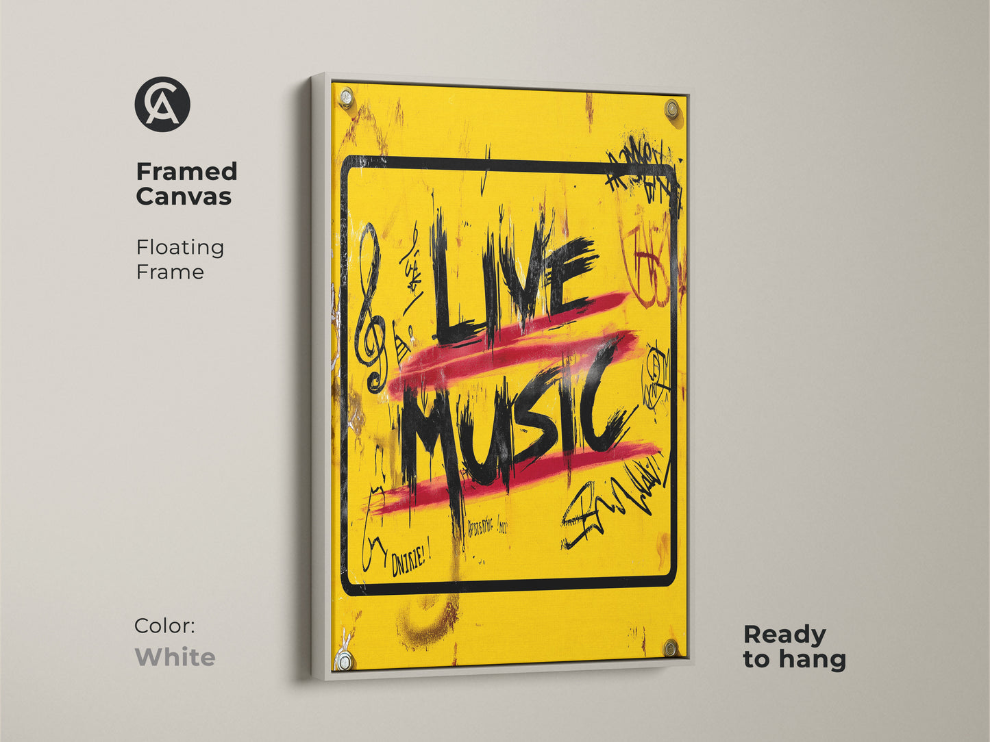 The 'Live Music' graffiti art print is framed in a clean white floating frame creating a modern look. The bold yellow urban street canvas with red and black accents pops. Ready to hang this musician gift idea is perfect for a minimalist music room or studio.