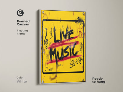 The 'Live Music' graffiti art print is framed in a clean white floating frame creating a modern look. The bold yellow urban street canvas with red and black accents pops. Ready to hang this musician gift idea is perfect for a minimalist music room or studio.